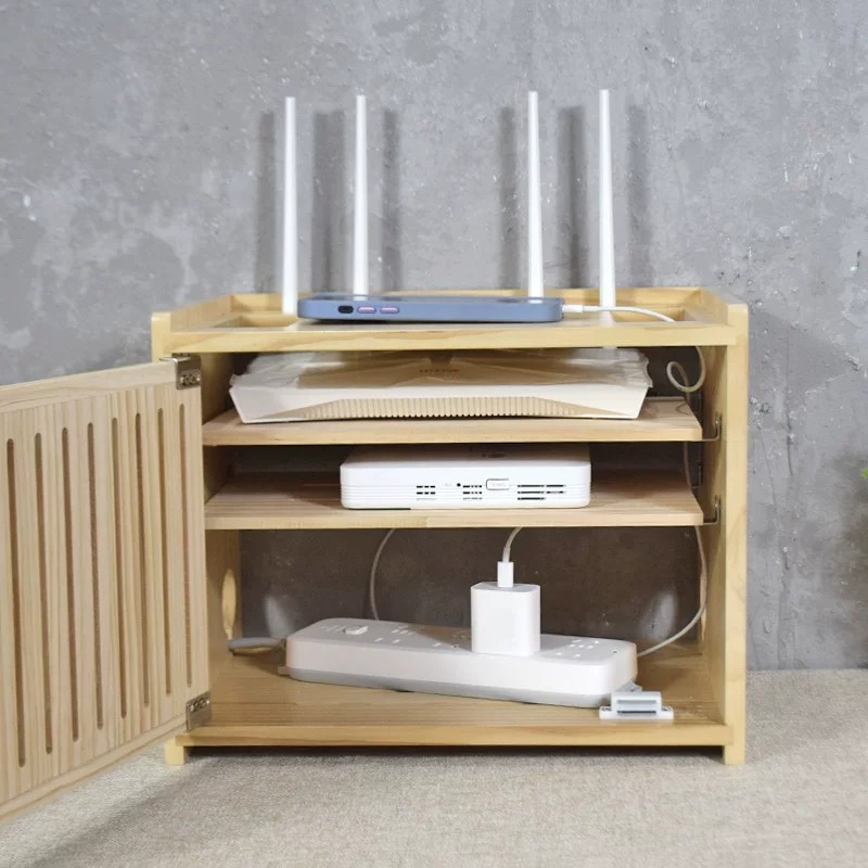 实木wifi路由器收纳盒大号容量机顶盒子光猫收纳架排插收纳箱桌面
