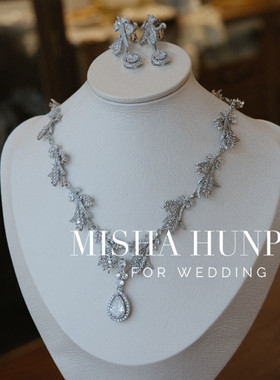 新款微镶水滴锆石颈链奢华晚宴礼服婚纱项链耳夹套装