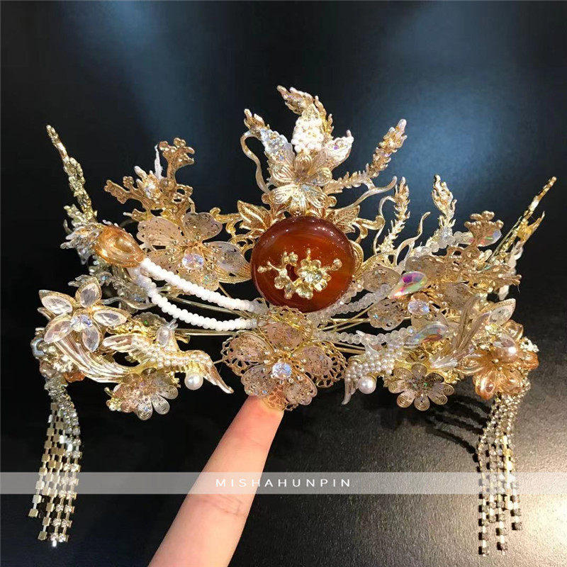 新款韩式高端奢华气质金色花朵水钻流苏中式新娘秀禾服龙凤褂头饰