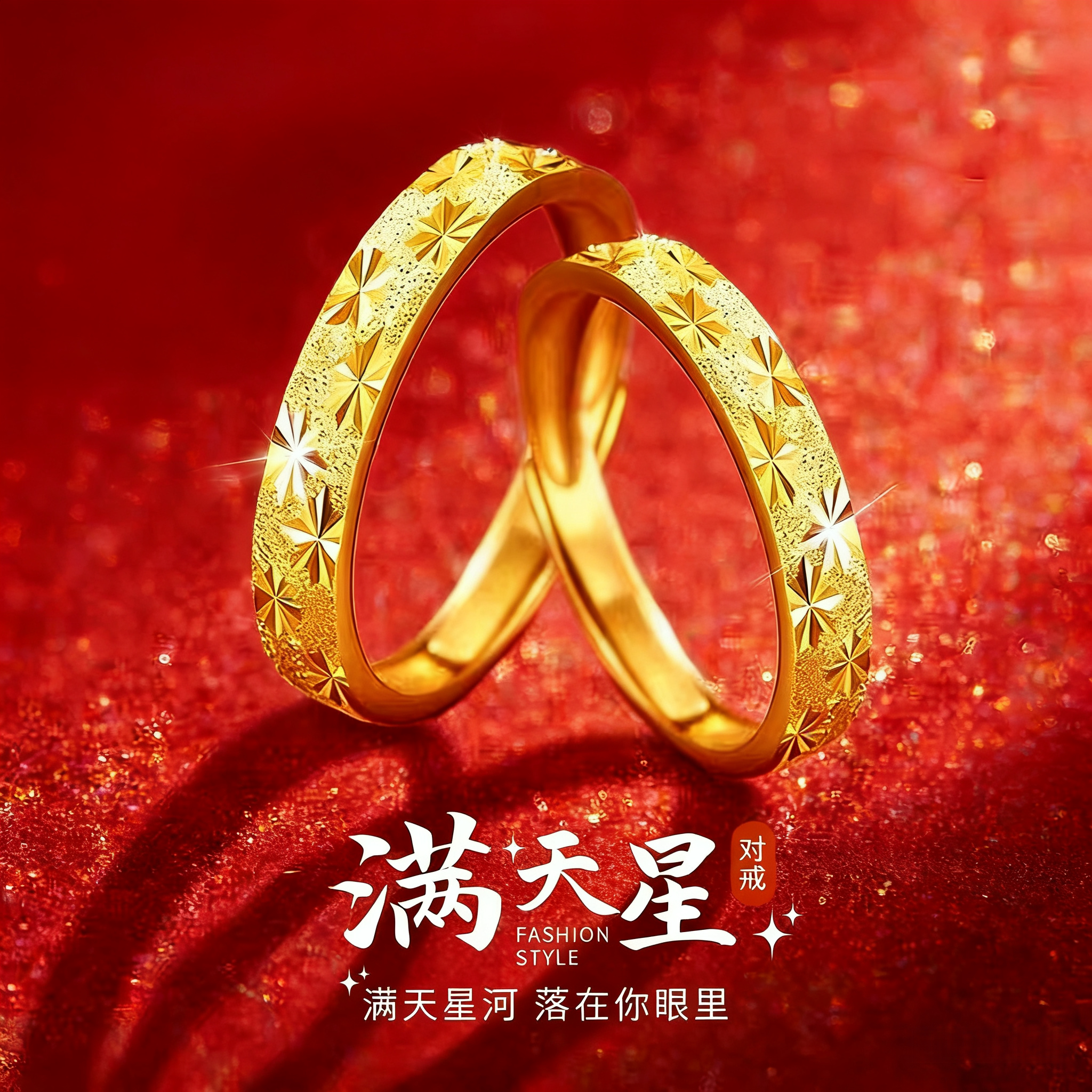 官方正品｜爆闪满天星情侣对戒古法素圈戒指男款金包银送女友礼物