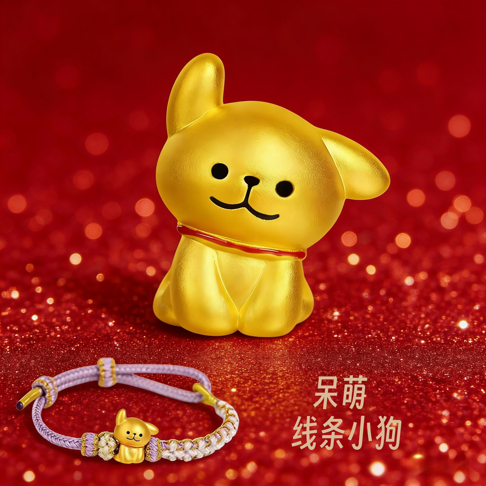 官方正品｜黄金线条小狗手链转运珠编织红绳金包银手串送女友礼物