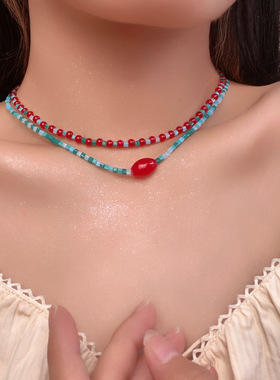 蓝色天然石红玛瑙串珠项链女