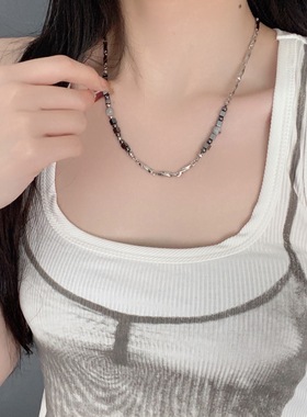 国潮风拼接链条黑白项链女毛衣链