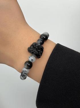 原创黑白混色黑醒狮手串男女