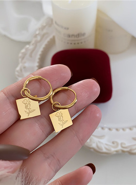 轻奢高级感钛钢玫瑰花耳扣小众设计时尚个性正方形耳圈花卉耳环钉