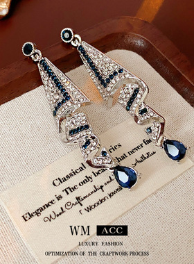 银针绸缎水滴镶钻耳钉时尚气质设计感耳环调整轻奢高级感耳饰