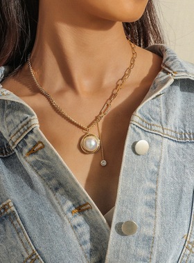大珍珠吊坠简约气质毛衣链项链女