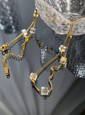 小巧精致方糖水晶串珠锁骨链