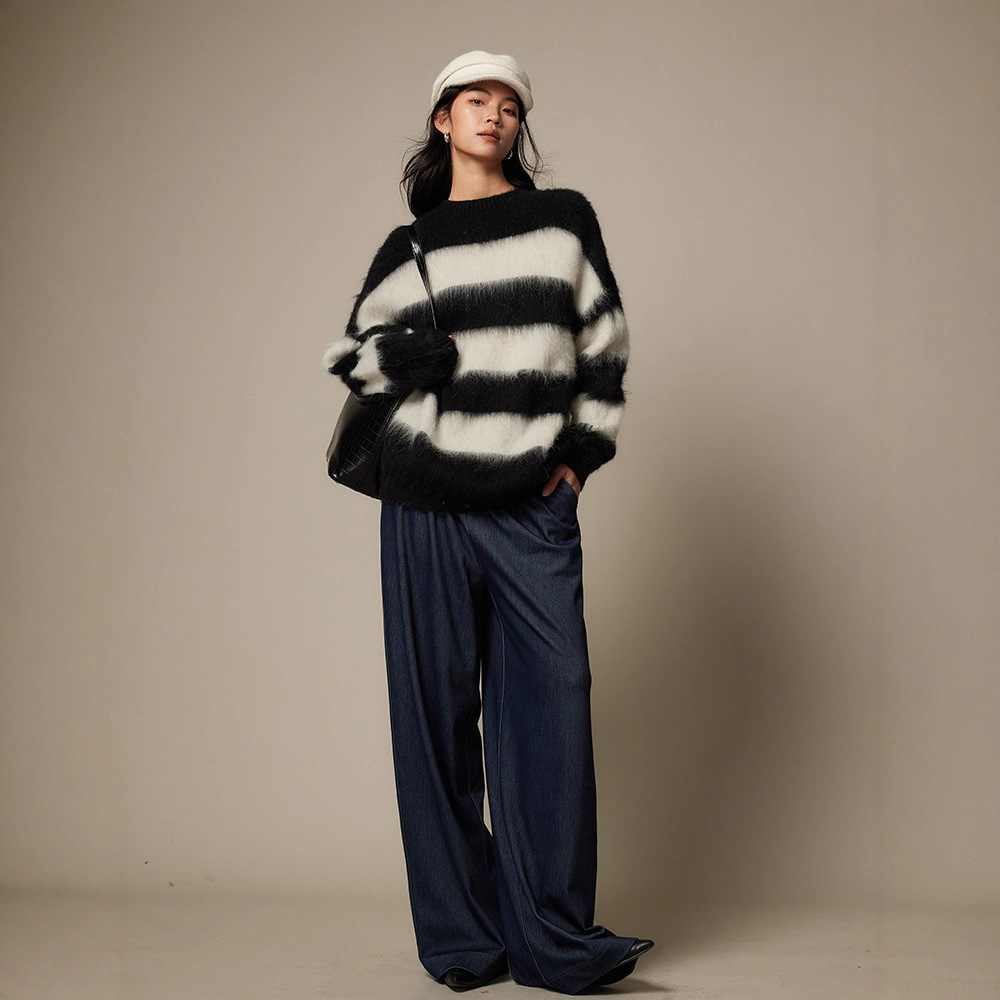 羊驼毛毛衣女秋冬拉毛针织衫25新款女装韩系穿搭宽松条纹长袖上衣
