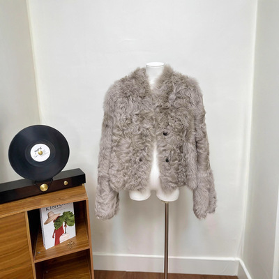 曼哈顿小湖羊 两面穿V领立领皮毛一体老钱风皮草外套女短款冬