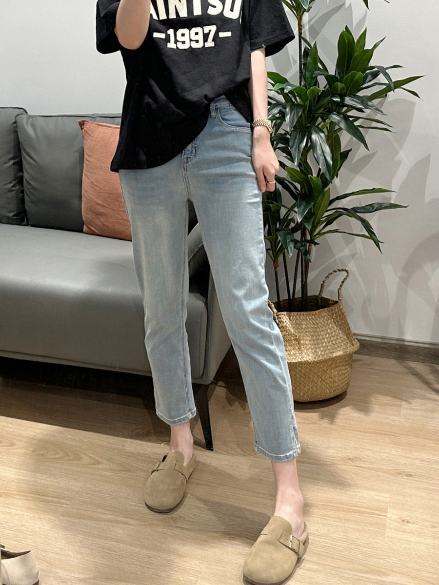 PLUS SIZE WOMENS SUMMER THIN STRETCH ICE SILK SLIT STRAIGHT CROPPED JEANS FAT MM SLIM CROPPED CIGARETTE PANTS