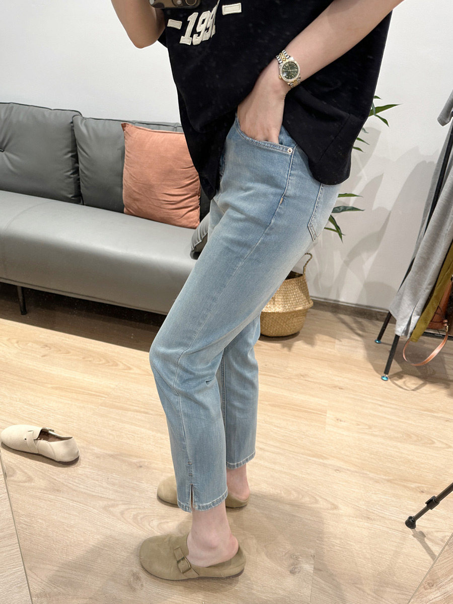 PLUS SIZE WOMENS SUMMER THIN STRETCH ICE SILK SLIT STRAIGHT CROPPED JEANS FAT MM SLIM CROPPED CIGARETTE PANTS