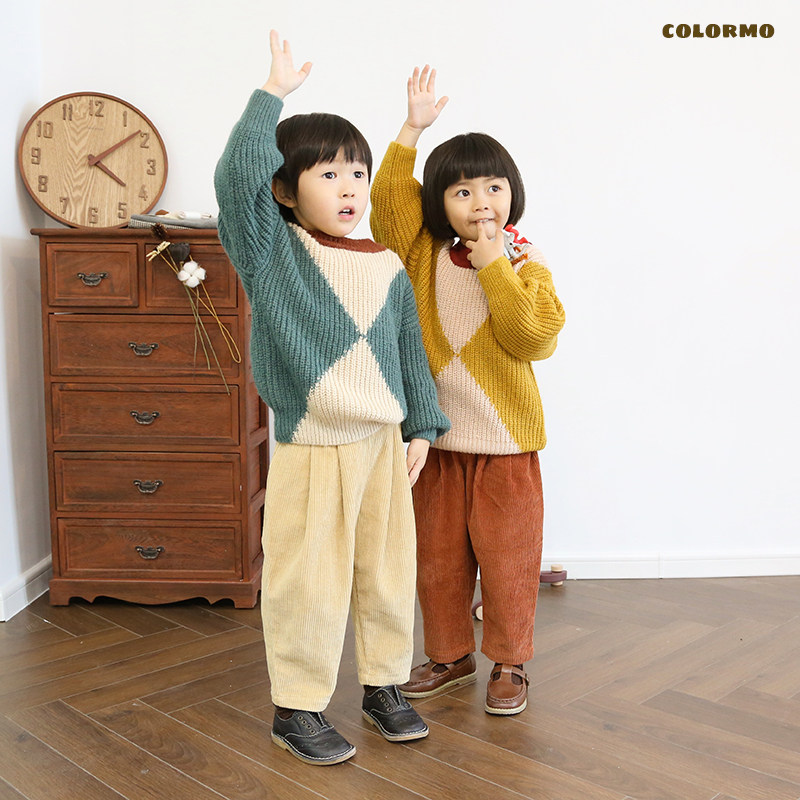 colormo宽松春秋冬款男童女童圆领拼色长袖纯棉针织衫套头毛衣