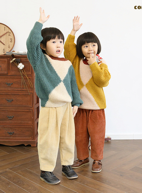 colormo宽松春秋冬款男童女童圆领拼色长袖纯棉针织衫套头毛衣