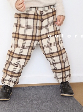 colormo男童女童秋冬款加绒羊毛呢保暖格子裤儿童宽松长裤棉裤