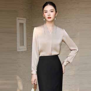 感内搭上衣ol职业衬衣工作服套装 2026新款 女长袖 缎面v领衬衫
