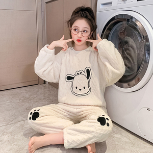 女童冬季法兰绒保暖家居服大童2023新款卡通洋气睡衣两件套可外穿