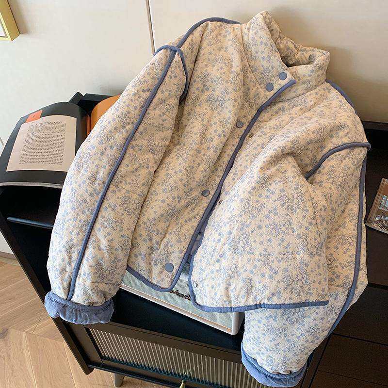 蓝色小碎花灯芯绒拼接棉服外套女2025冬季新款保暖慵懒风韩版