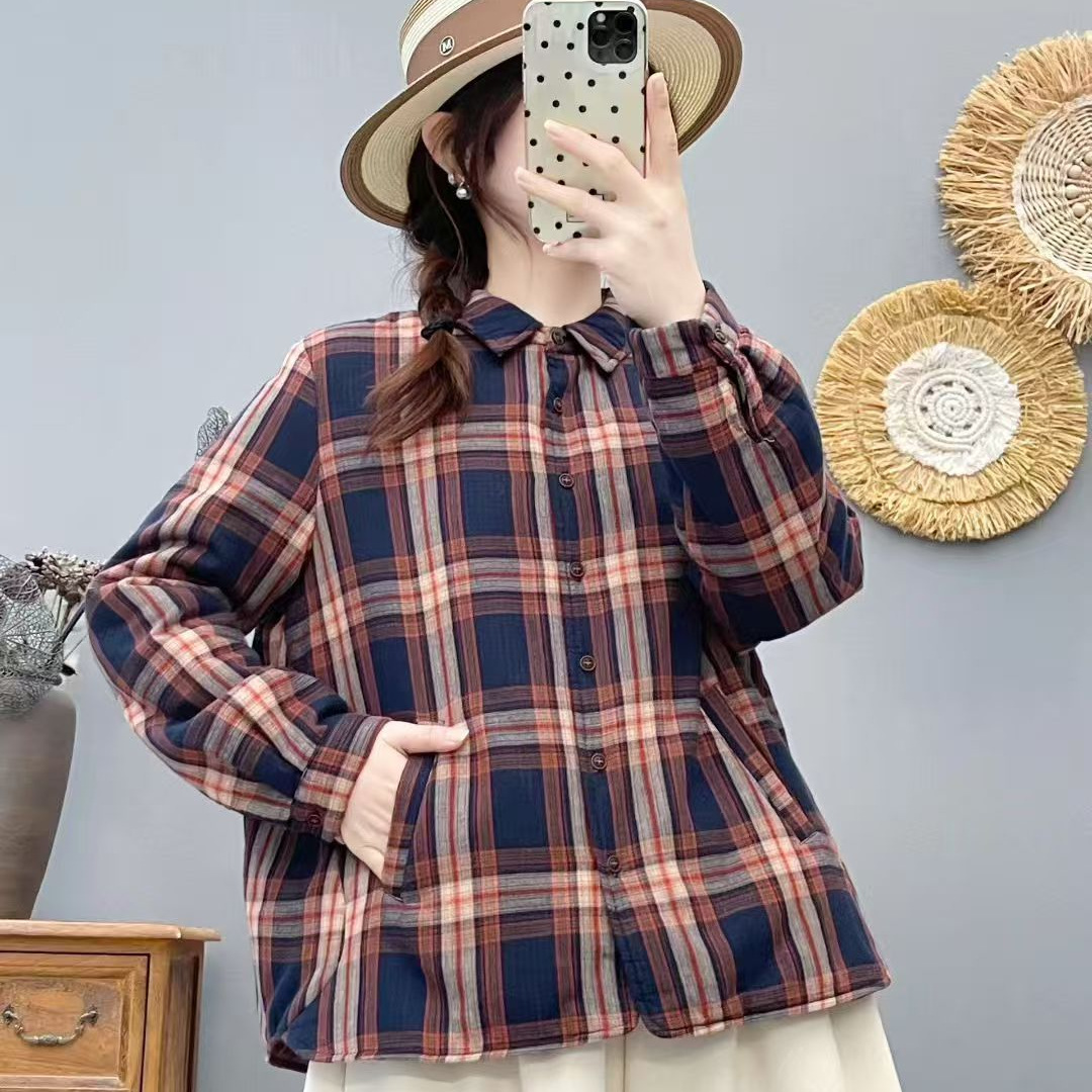 现货25年冬款衬衫加棉加厚保暖绗棉外套衬衣宽松休闲韩版格子棉袄