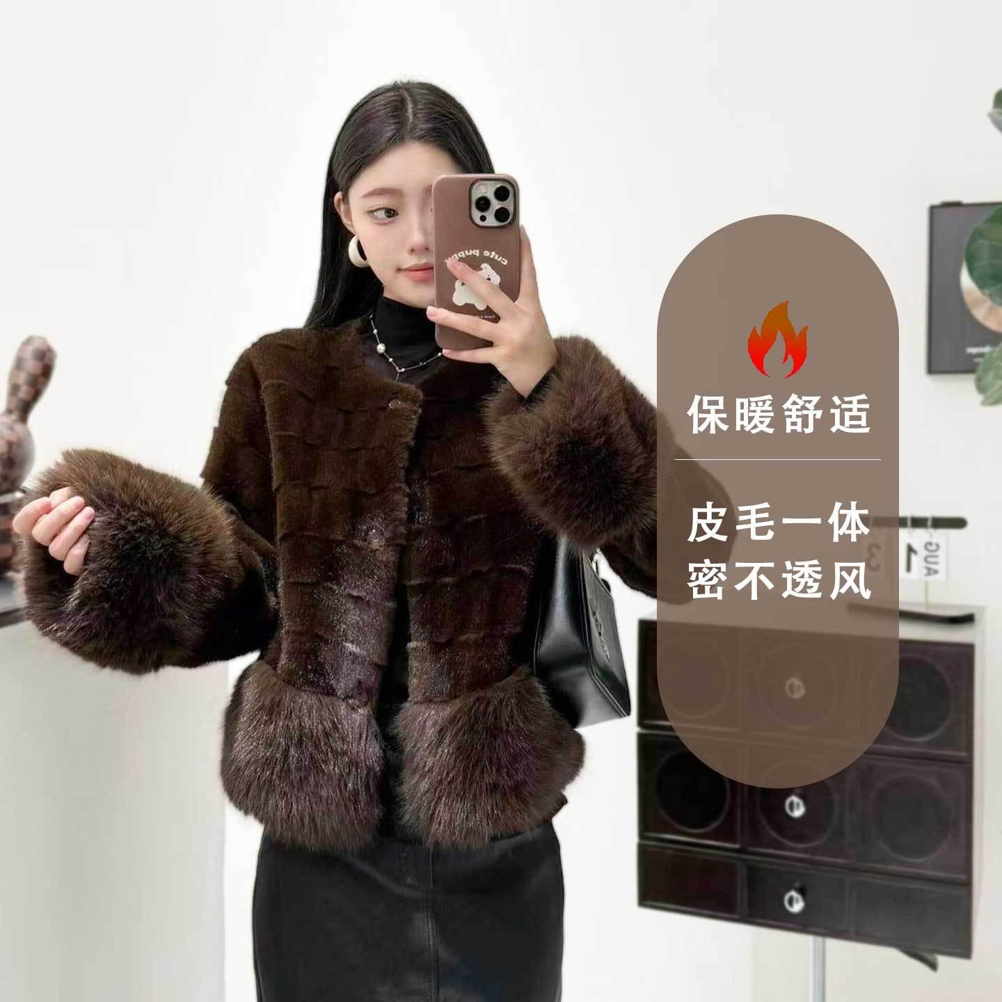现货25冬季欧美新款皮草外套拼接仿皮草貉子毛皮草女圆领皮毛一体