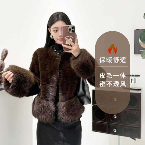 现货25冬季欧美新款皮草外套拼接仿皮草貉子毛皮草女圆领皮毛一体