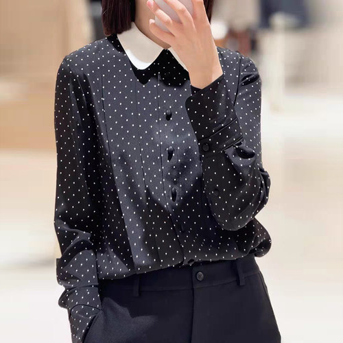 现货ICIC小禾真丝双绉 同源女装春季新品翻领波点单排扣衬衫