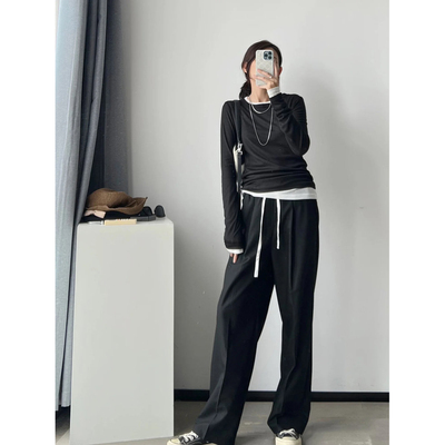 现货MOC同源秋新品松紧抽绳高腰绵羊毛混纺休闲裤