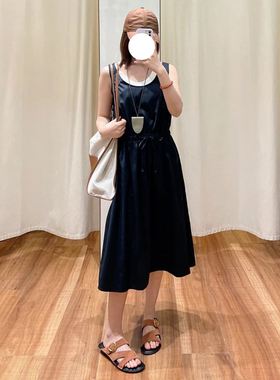 现货ICIC小禾同源女装2026夏季新款全棉缎纹及膝连衣裙