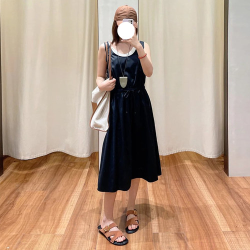 现货ICIC小禾同源女装2026夏季新款全棉缎纹及膝连衣裙
