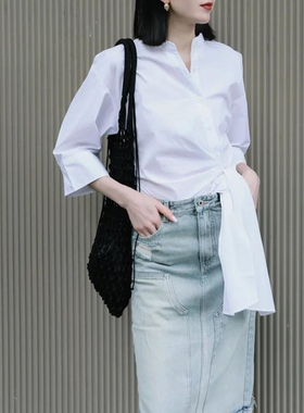 现货ed 同源衬衫女夏季新款立裁绑结收腰纯棉衬衣通勤设计感衬衫