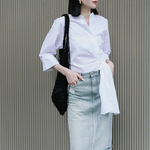 现货ed 同源衬衫女夏季新款立裁绑结收腰纯棉衬衣通勤设计感衬衫