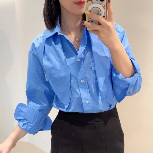 现货M1U同源女士府绸质感领结全棉蓝衬衫，带围巾