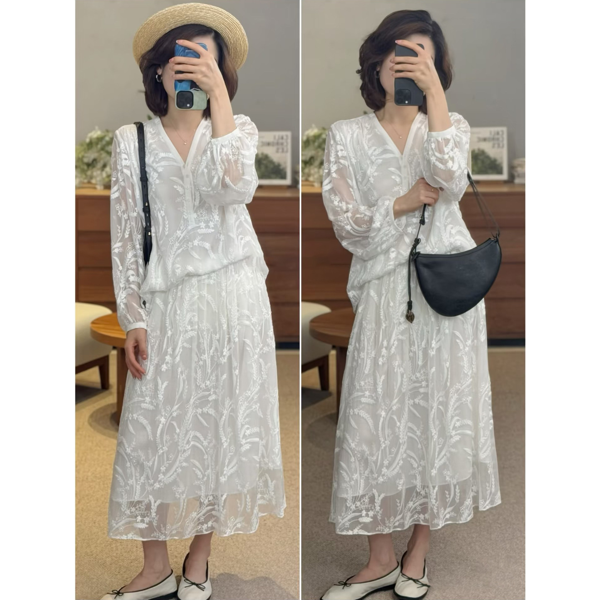 现货深圳南油ICIC小禾线同源桑蚕丝26夏新款顺纡绉刺绣长款连衣裙