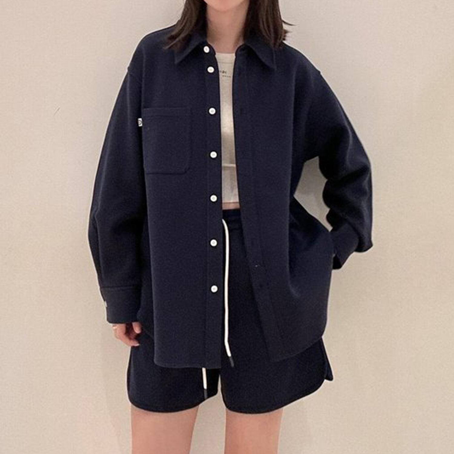 现货ICIC小禾同源女装新款环保棉牦牛绒针织宽松直身衬衫