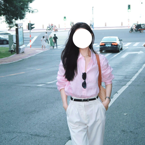 现货ZZ同源海天遥 苎麻衬衫女夏宽松法式透气粉色麻上衣