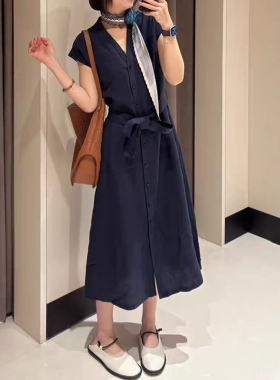 现货亚麻 ICIC小禾 同源女装2025春季新款亚麻平纹中长连衣裙