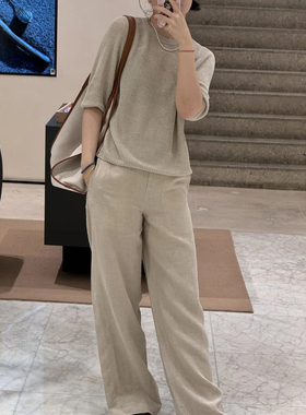 现货ICIC小禾同源女装新款亚麻平纹阔腿裤淡人