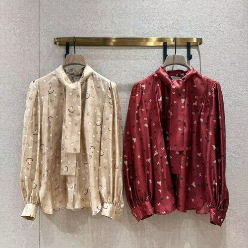 现货Max深圳南油100%真丝2026新马字母木耳边领桑蚕丝系带衬衣