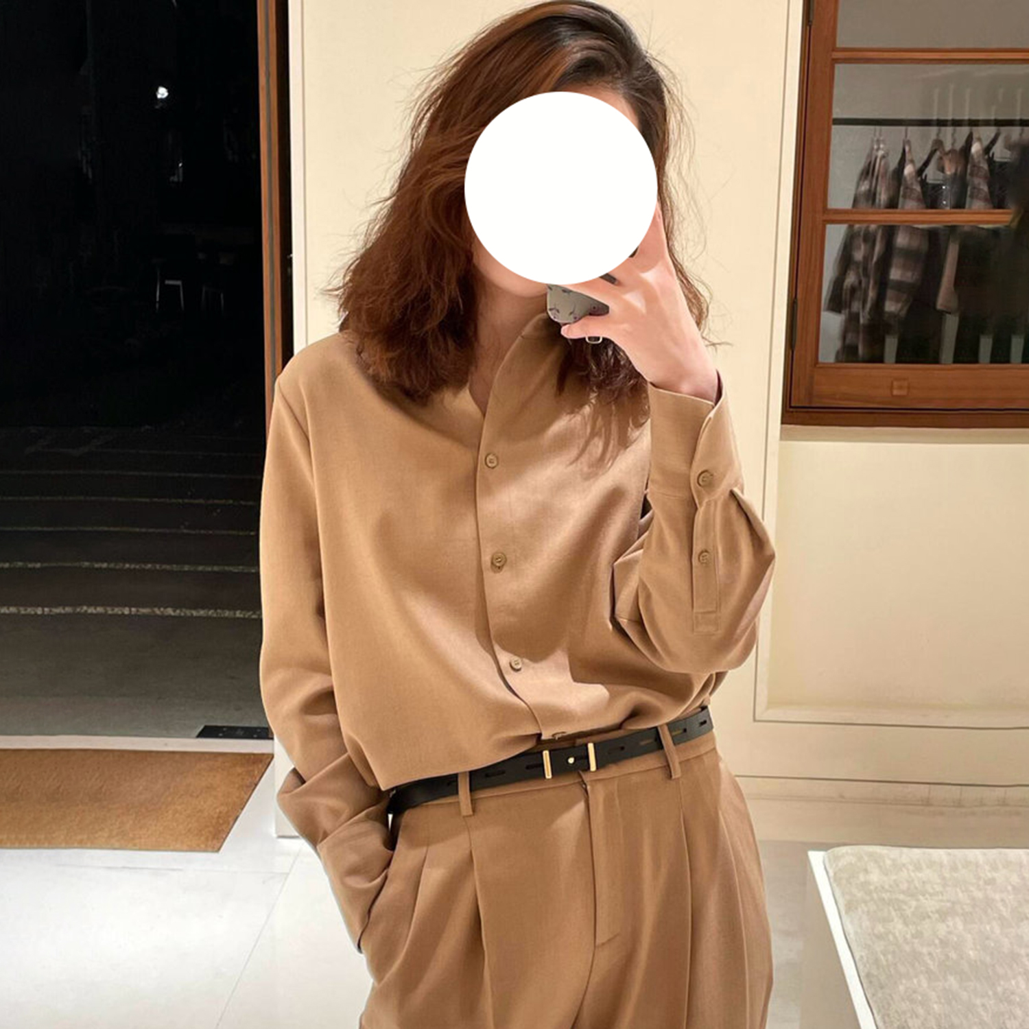 现货ICIC小禾女装新款人字纹骆驼绒薄呢长袖衬衫