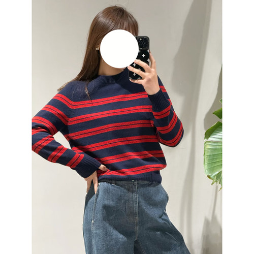 现货ICIC小禾女装针织衫红色毛衣新年条纹海魂衫