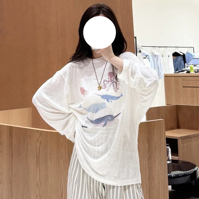 ED同源t恤女2026夏季新款海洋动物印花亚麻长袖针织衫