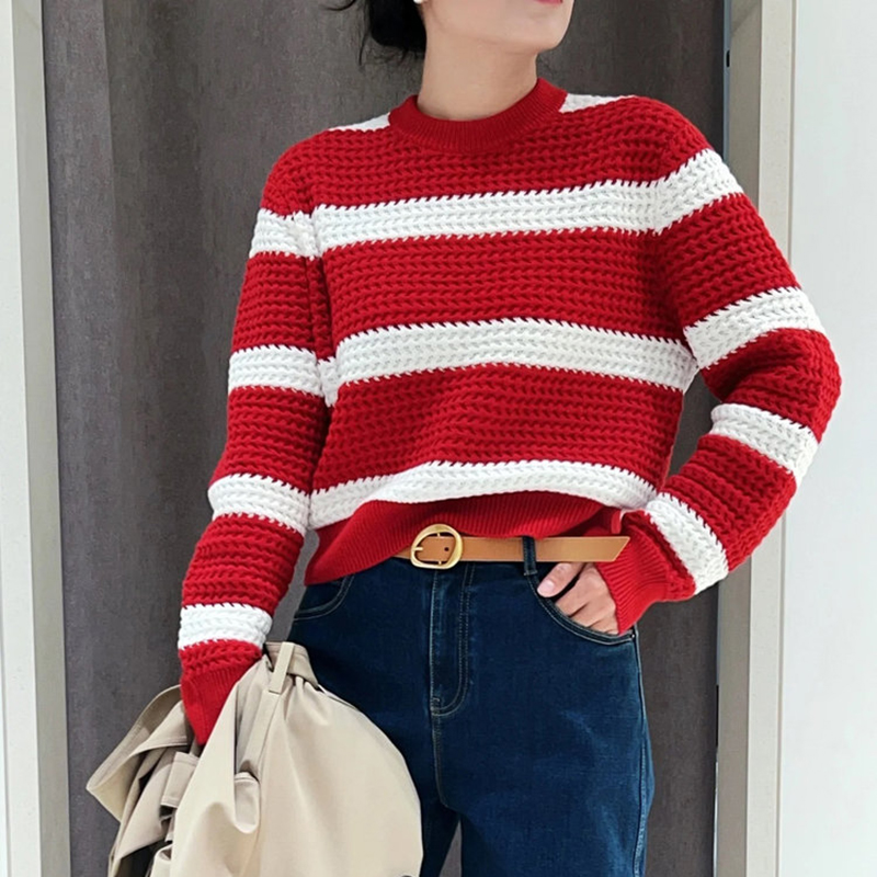 现货 ICIC小禾 同源女装2025春季新款棉羊绒条纹套头针织衫