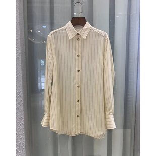 断码特价现货TOT同源深圳南油新款米黄色休闲黑色细条纹廓形衬衫