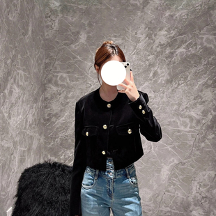 现货MOC同源外套2024秋新品小香风奢光细绒短款箱型口袋夹克