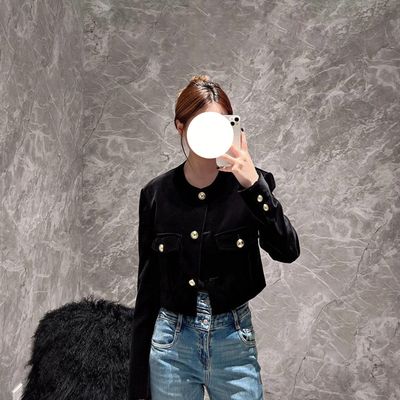 现货MOC同源外套2024秋新品小香风奢光细绒短款箱型口袋夹克