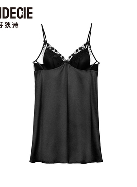 芬狄诗黑色爱心蕾丝滑网纱舒适带胸垫吊带睡裙性感睡衣女FL00422