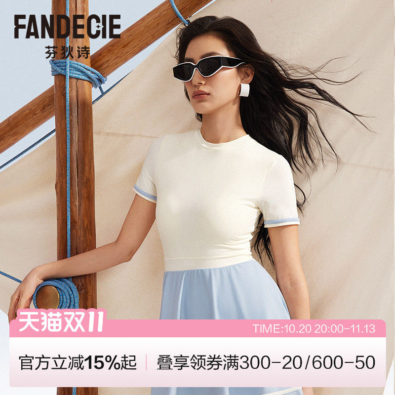 芬狄诗商场同款连体泳衣女短袖修身A字群带胸垫温泉泳装FS00136