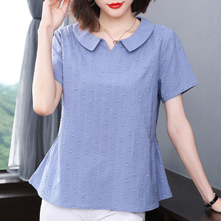 2025夏季 新款 襯衫 娃娃領(lǐng)媽媽體恤大碼 寬松胖mm上衣服 女裝 純棉短袖