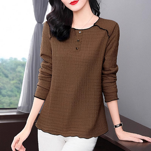 长袖 中年妈妈圆领肌理上衣大码 胖mm宽松遮肚打底衫 t恤女春秋新款