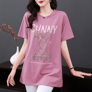 t恤女装 胖mm中长款 2025夏季 洋气妈妈大码 宽松上衣服 新款 纯棉短袖